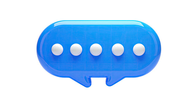 A glossy, blue chat bubble with five white dots, isolated on black background