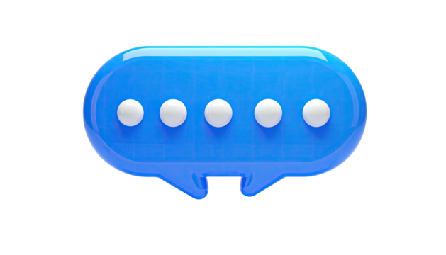 A glossy, blue chat bubble with five white dots, isolated on black background