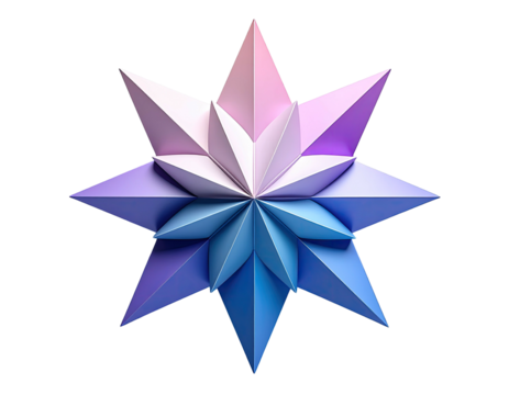 Geometric starburst with layered, faceted petals in gradient shades of blue to purple