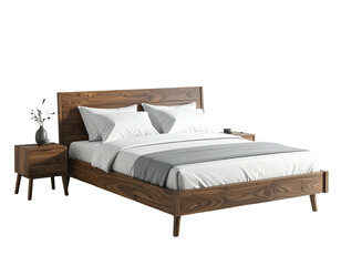 Wooden bed with bedside table, white linens