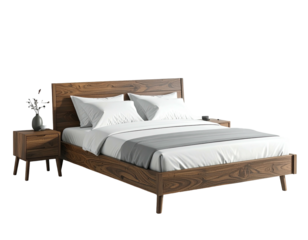 Wooden bed with bedside table, white linens