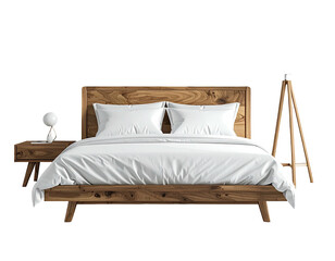 Wooden bed with white linens and nightstand