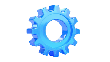 A bright blue, glossy 3D gear floats against a black backdrop