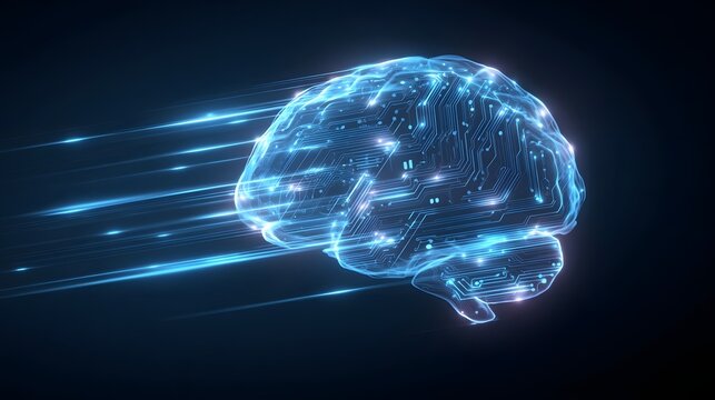 Futuristic digital brain with neon glowing lines and fast motion effect, artificial intelligence, machine learning, neural networks and innovation concept