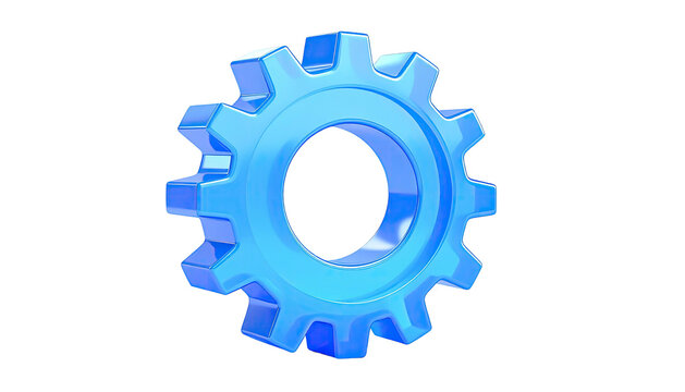 A bright blue, glossy 3D gear floats against a black backdrop
