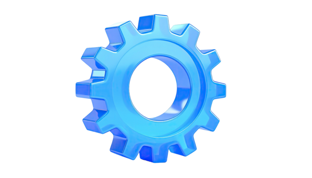 A bright blue, glossy 3D gear floats against a black backdrop