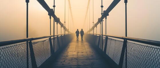 Obraz premium Journey through the Mist: Two Figures Crossing a Foggy Suspension Bridge