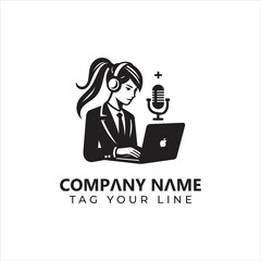 Professional Woman with Headphones Microphone and Laptop Logo Design.