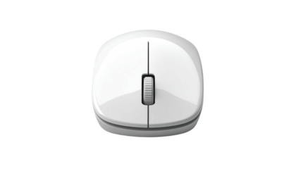 Top-down view of a glossy white computer mouse with scroll wheel