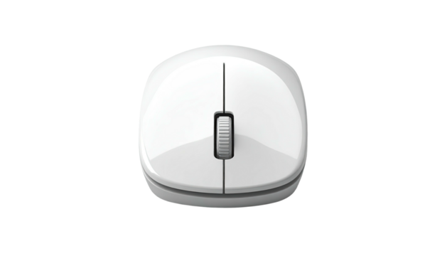 Top-down view of a glossy white computer mouse with scroll wheel