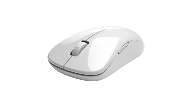 A sleek, white, wireless computer mouse with buttons, scroll wheel, and a minimalist design