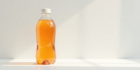 Refreshing Amber Beverage in a Clear Plastic Bottle on a White Surface with Natural Sunlight