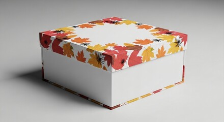 Square white gift box with a decorative lid featuring vibrant autumn maple leaves and black spiders Plain background