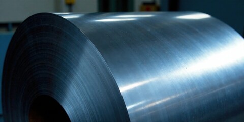 Close-up view of a large industrial coil of metallic sheeting reflecting light