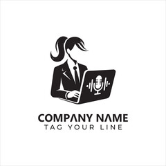 Silhouette of a businesswoman with ponytail using a laptop with microphone icon.