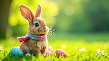 Adorable bunny rabbit in a colorful scarf sitting amidst vibrant spring flowers and decorated eggs in a sunlit meadow