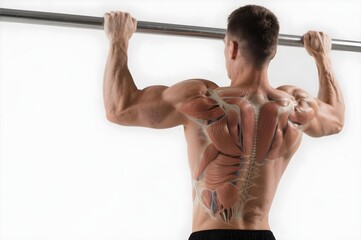 Back view anatomical illustration of man doing pull up exercise showing upper body muscles and contraction during strength training on white background