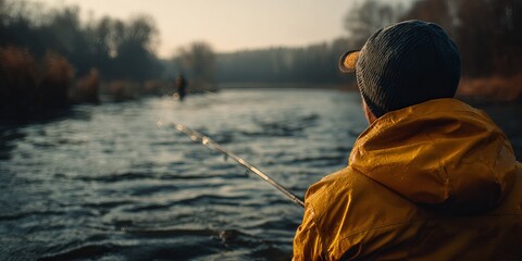 Man fishing in a river at dawn