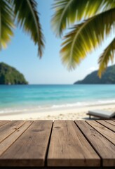 Fototapeta premium Top of wood table with seascape and palm tree, blur bokeh light of calm sea and sky at tropical beach background
