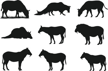Hybrid horse animal silhouette vector, creative morph clipart set, black graphic icons, surreal livestock design, isolated fantasy poses