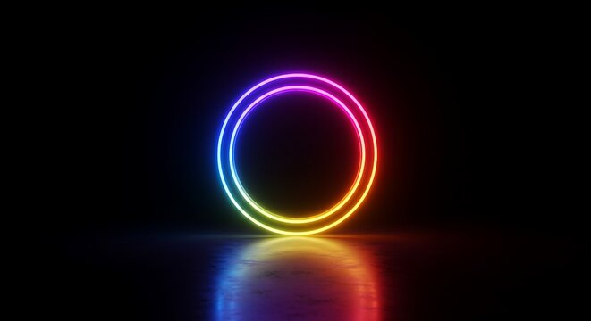 A glowing, iridescent ring stands on a dark Dual neon rings emit a seamless rainbow gradient, hovering above a glossy, reflective surface