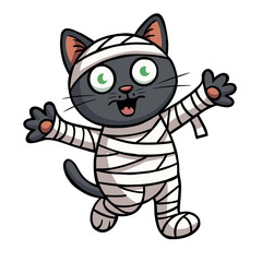 Adorable cartoon mummy cat with wide eyes and open mouth, paws outstretched in a playful, spooky Halloween greeting