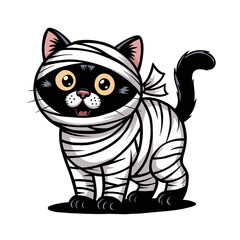 Adorable black cat dressed as a mummy for Halloween, perfect for spooky party invitations, festive decorations, and cute holiday designs.