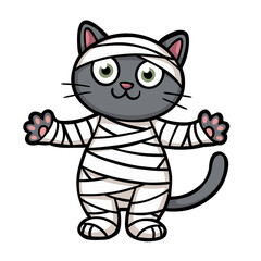 Adorable cartoon cat dressed as a mummy, ready for Halloween fun and spooky celebrations with open paws, perfect for holiday designs and playful themes