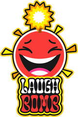 Laugh bomb and grenade retro Y2K sticker or symbol. Funny bomb Y2K patch, grenade vintage groovy vector label. Laughing red explosive character with burning wick isolated tag or funky sticker
