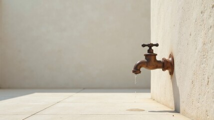 A lone, aged bronze faucet mounted on a light beige wall, a single drop of water falls from its spout onto a pale stone floor, a simple scene of subtle elegance and quiet contemplation.