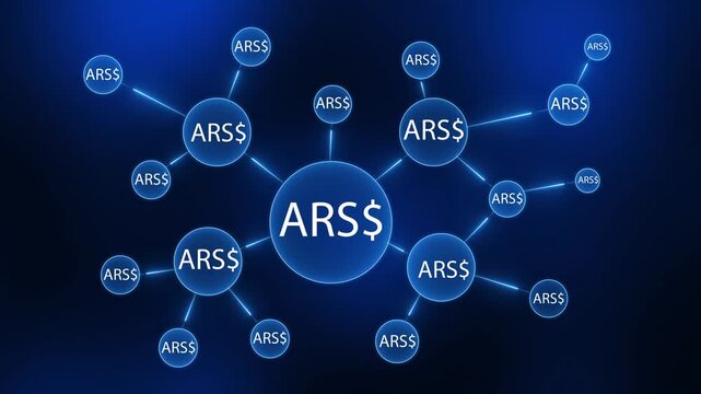 ARS Currency Symbol Connected Network Diagram with Blue Glow on Dark Background Argentine Peso connection