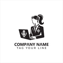 Silhouette of a Professional Woman with Laptop and Microphone Icon.