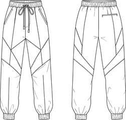 Technical fashion sketch jogger pants, front and back view, modern sportswear design, drawstring waistband, seam line details, elastic cuffs, apparel illustration, garment construction