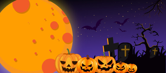 Halloween graveyard scene with large orange moon, spooky jack-o’-lanterns, barren tree, bats, and tombstones against dark purple-blue night sky