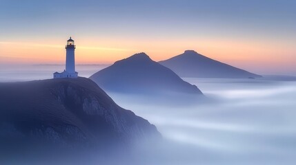 Majestic Coastal Lighthouse Illuminates the Dawn, Guiding Ships Through Misty Sea and Rocky Shores