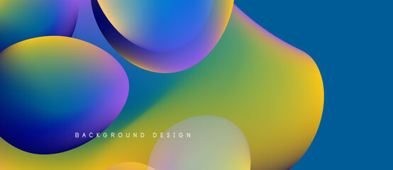 Abstract fluid shapes blend vibrant blues, yellows, greens. Gradient colors create dynamic background design, smooth transitions.