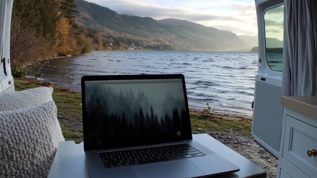 Open laptop on a small fold out desk inside a camper van, rear doors open to reveal a scenic lake view.