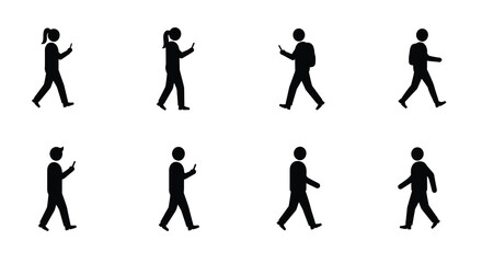 Simple black silhouettes of people walking in various poses illustrated