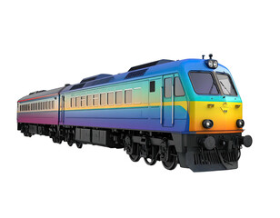Fototapeta premium Colorful passenger train on a black backdrop; side view showing locomotive and multiple carriages