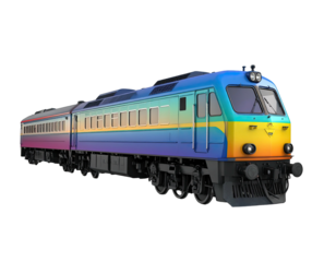 Colorful passenger train on a black backdrop; side view showing locomotive and multiple carriages