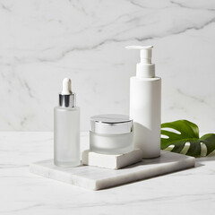 Aesthetic Skincare Bottles Set Up on a Marble Counter and Background, and Natural Decorated.