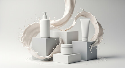 Milk splash. cosmetic product mockups on geometric podiums. Background for presentation of cosmetic