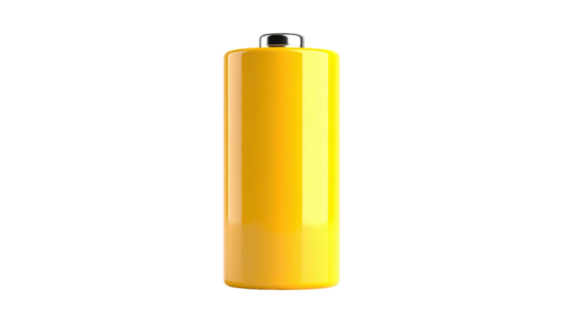 A glossy yellow cylindrical power cell stands upright against a stark black backdrop