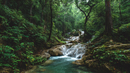 Obraz premium A cascading waterfall flows through a tropical forest, surrounded by lush greenery