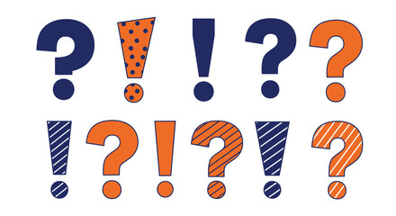 Colorful question marks and exclamation points in various patterns displayed