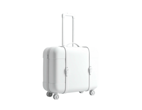 A white suitcase with wheels, handle extended, isolated on a black background