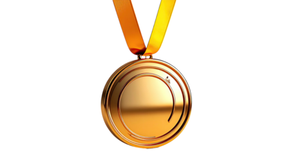 A shiny gold disc medal hangs from a gold ribbon, isolated against a stark black background