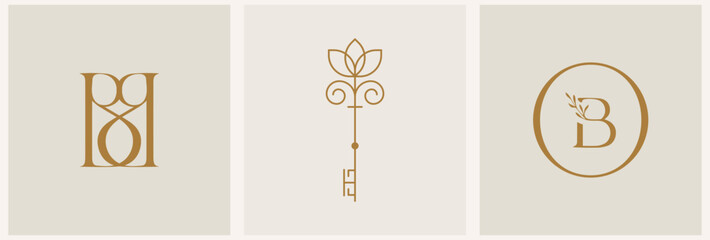 Vector nutrition design linear key and hand logos templates in trendy linear minimal style. Celestial and magical abstract.