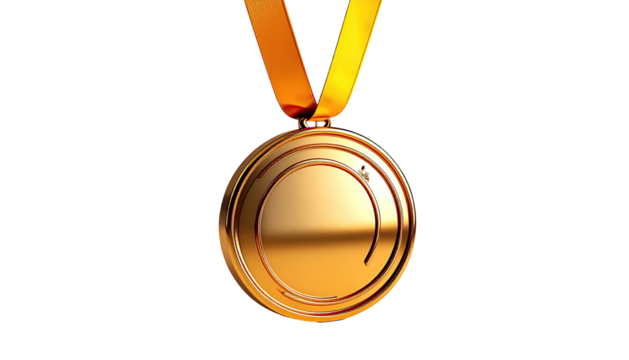 A shiny gold disc medal hangs from a gold ribbon, isolated against a stark black background