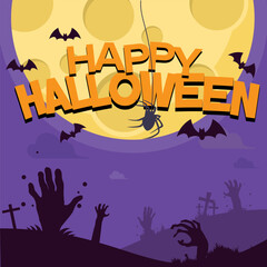 spooky Halloween poster with cheese-like moon,  bats, spider, zombie hands, crosses, and grassy hill on purple night sky background